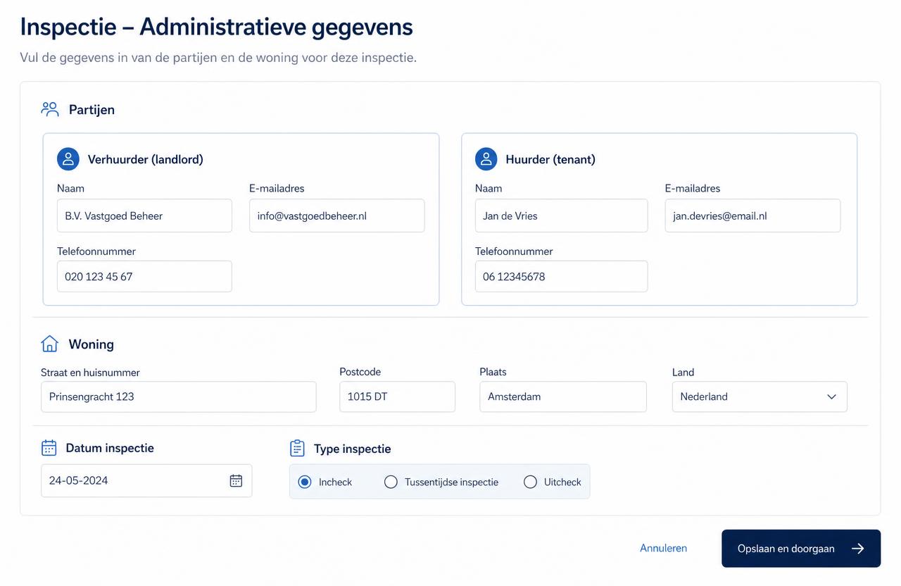 Formular mit Parteien, Objektadresse, Datum der Feststellung und Aufnahmeart.